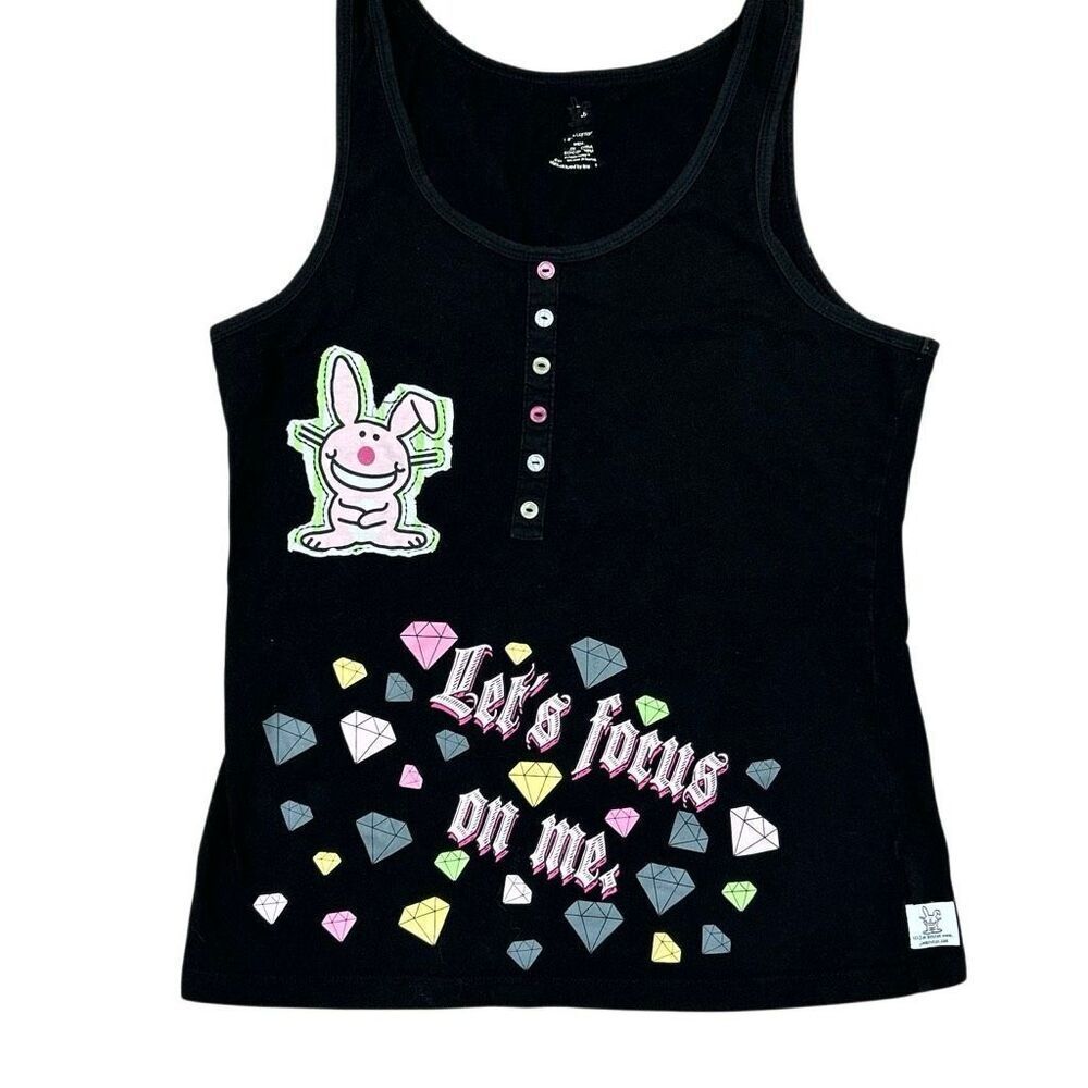 Y2K Jim Benton Happy Bunny Black McBling Henley Tank Top Size L
